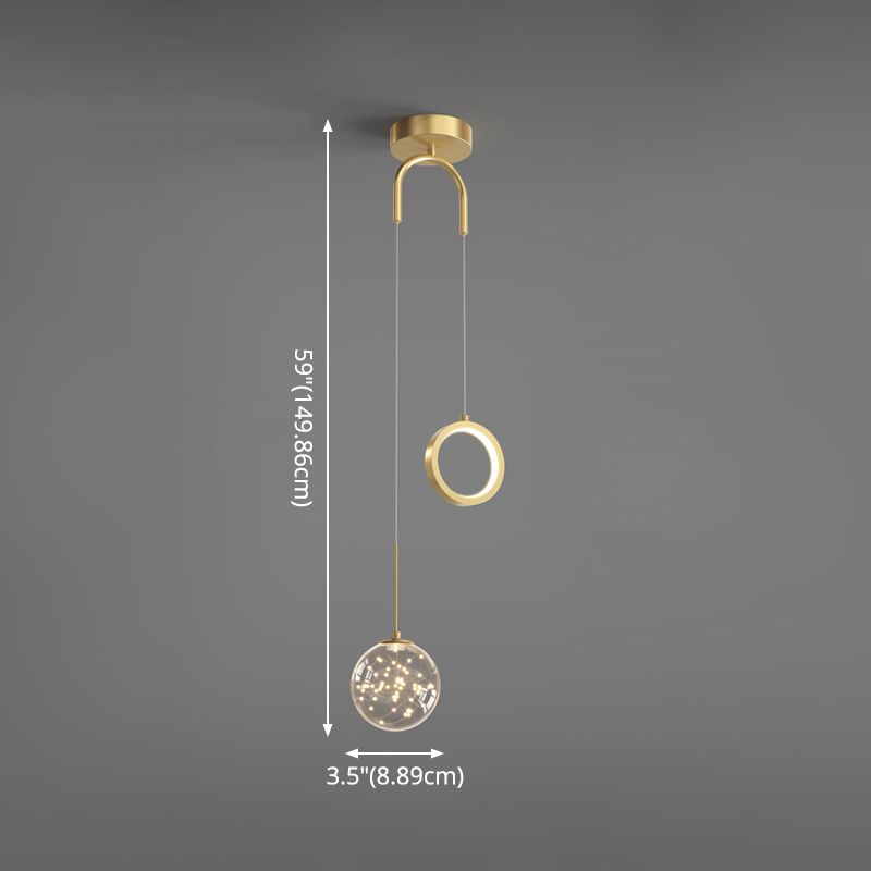 Glass Ball and Ring LED Pendant Minimalist 2-Light Gold Starry Suspension Light for Bedroom