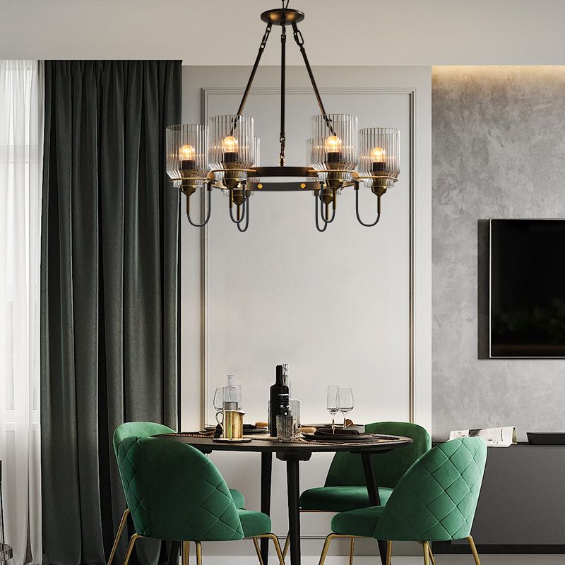 Lámpara de suspensión de comedor vintage de vidrio acanalado cilíndrico en negro