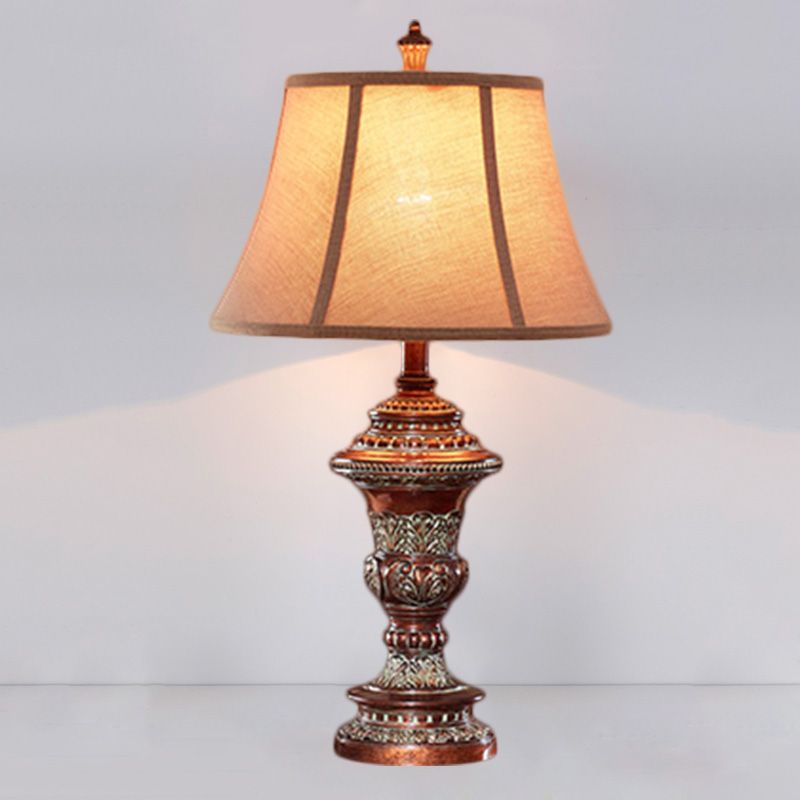 Vintage Style Bell Shade Nightstand Lamp 1 Bulb Fabric Desk Light in Red Brown with Urn-Shaped Base, 25"/29.5" H