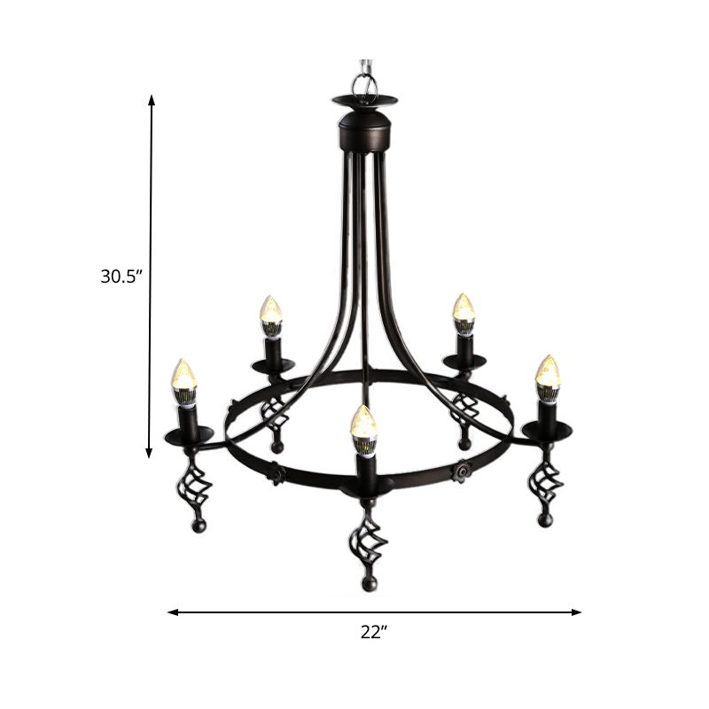 5 Lights Round Chandelier Lamp Country Metal Hanging Pendant Lighting in Black for Bedroom
