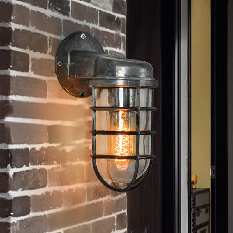 Coastal Caged Wall Lighting Fixture 1 Bulb Clear Glass Sconce Light in Brass/Copper/Chrome for Kitchen