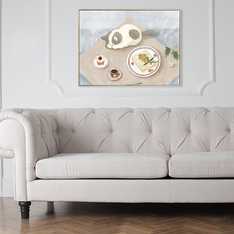 Pastel Color Cartoon Cat Painting Textured Contemporary Style Dining Room Wall Art