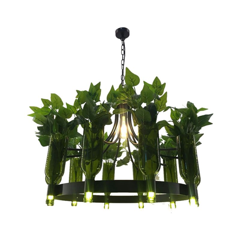 Vetro trasparente in vetro nero sospeso lampadario a forma di bottiglia a forma di 10 luci a 10 luci a sospensione di sospensione con pianta in PVC deco