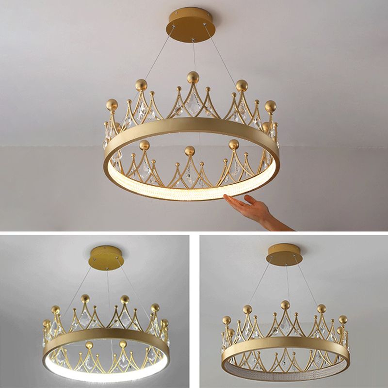 Gold Finish Crown Shaped Chandelier Minimalist Crystal LED Hanging Lamp for Bedroom