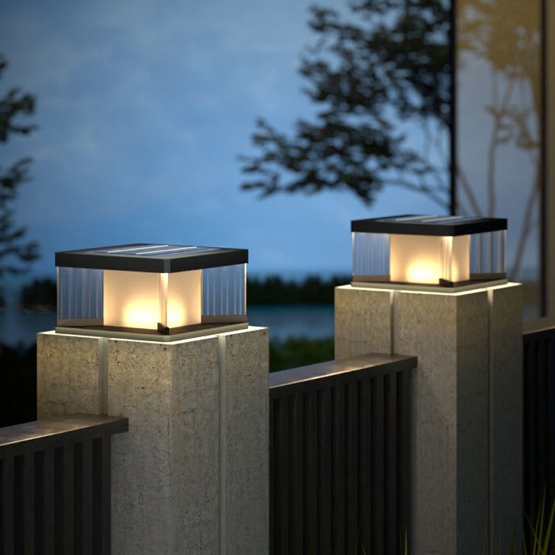Square Shape Metal Outdoor Lamp Modern Style 1 Light Solar Pillar Light in Black