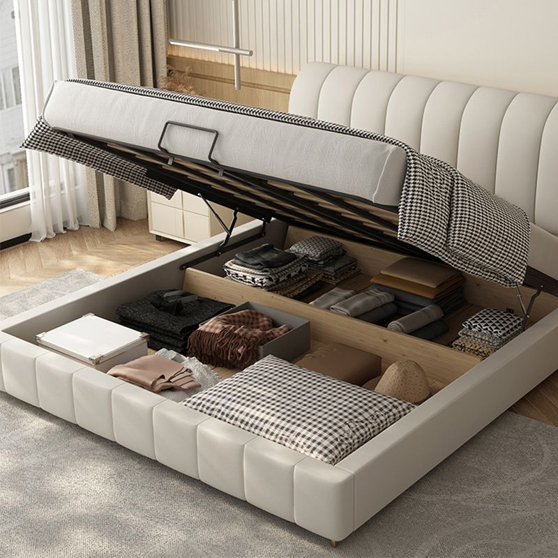 Upholstered Headboard Standard Bed Solid Wood Slat Bed in White