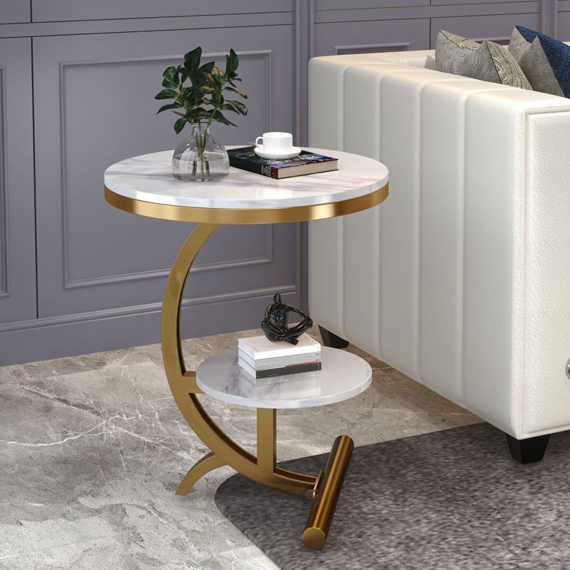 23.6" Tall Metal C Side Table Modern Round Black/White Marble End Table