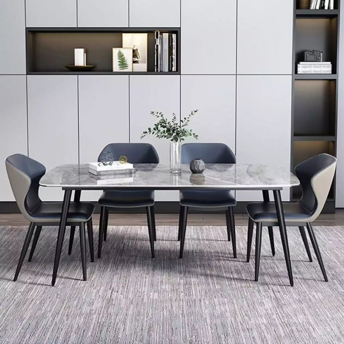 Contemporary Rectangle Dining Table Grey Sintered Stone Dining Table with 4 Black Legs