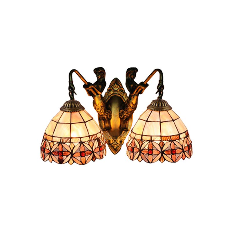 Tiffany Bowl Shell Sconce Light Fixture 2 Heads Wall Mounted Light in Beige with Mermaid Backplate