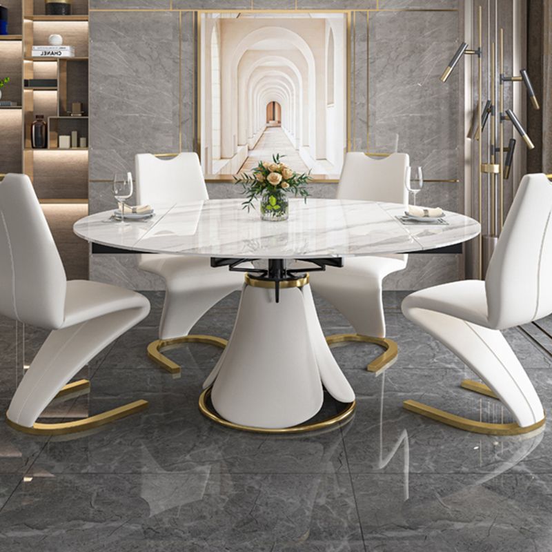 Glossy White Stone Dinette Table with Pedestal Modern Dining Table for Home