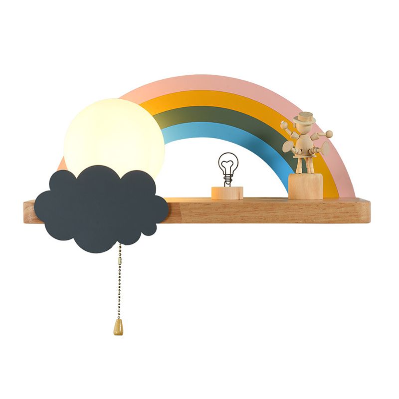 1-Light Round Wall Sconce Modern Simple Wood Style Glass Wall Lighting in Brown