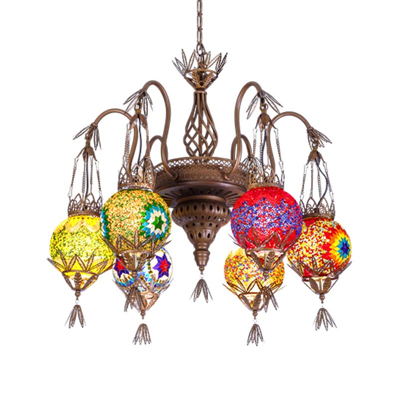 6 Lights Globe Hanging Chandelier Moroccan Brass Cut Glass Suspension Pendant for Dining Room