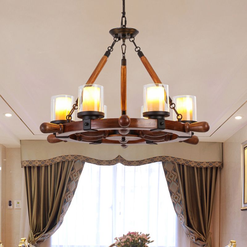 Marble/Clear Glass Brown Chandelier Cylinder 6/8 Lights Traditional Rope Pendant Lamp with Wood Rudder Design