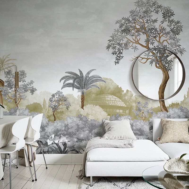 Jungle Wall Art in Soft Grey, Contemporary Wall Mural for Accent Wall
