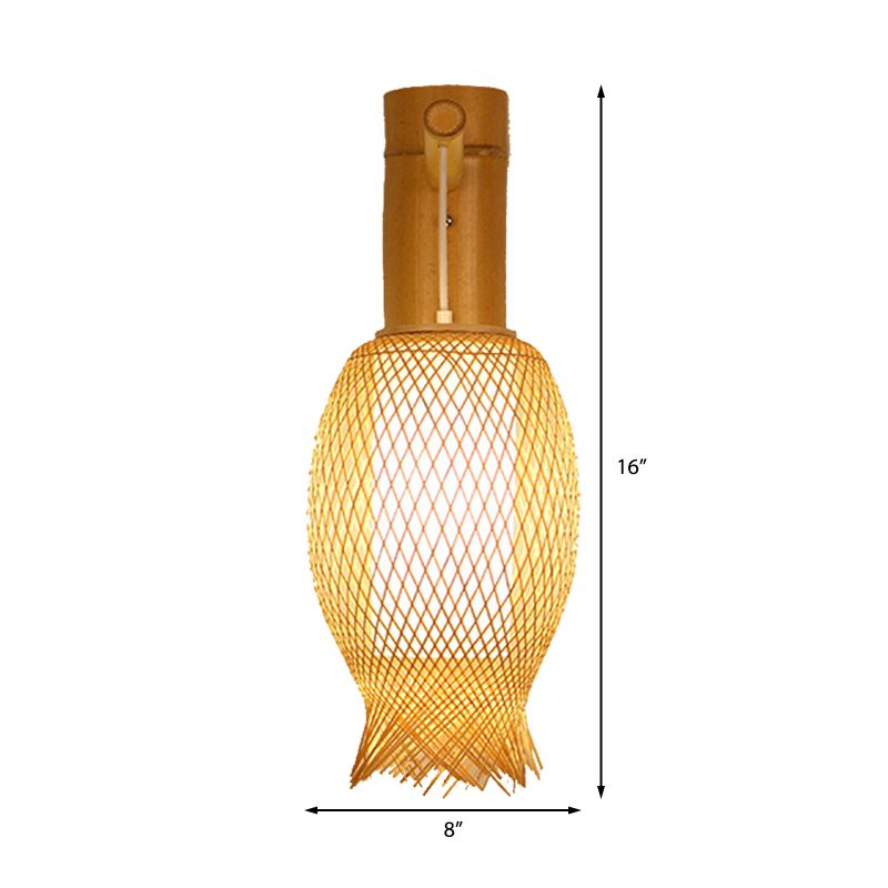 Weave Sconce Contemporary Bamboo 1 Bulb Wood Wall Light Fixture with Inner White Cylinder Parchment Shade