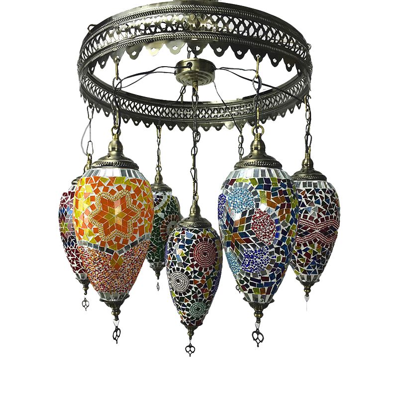 Traditionary 7 Heads Chandelier Lamp Bronze Teardrop Pendant Light with Colorful Glass Shade for Coffee House