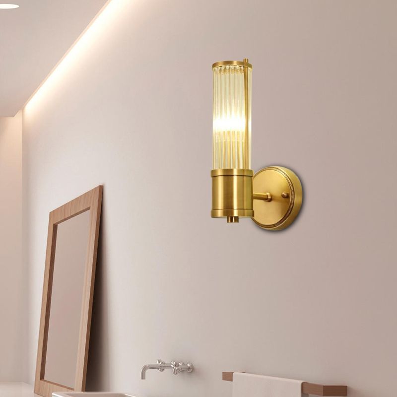 1/2 Lights Hallway Wall Sconce Lighting Contemporary Brass Wall Mount Light Fixture with Cylinder Crystal Shade