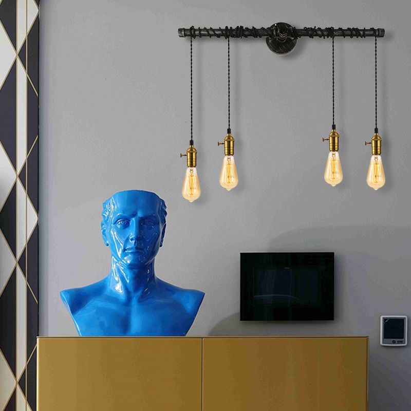 4 Leuchten linearer Wandleuchtenleuchte mit offener Glühbirne Industrielles Messing Metall -Wandmontagelampe