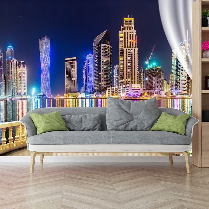 Big Photo Simple Wall Mural Decal for Meeting Room Decor with Over Balcony Scene Design in Yellow and Blue