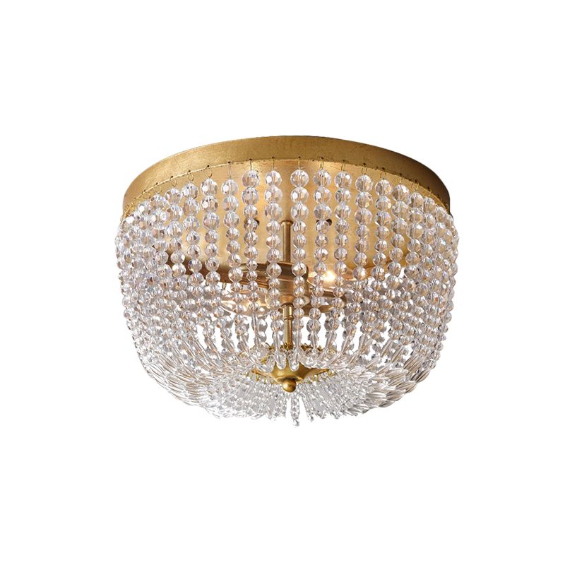 Dome Frame Crystal Strand Ceiling Flush Modernist 3 Bulbs Gold Finish Flush Mounted Lighting