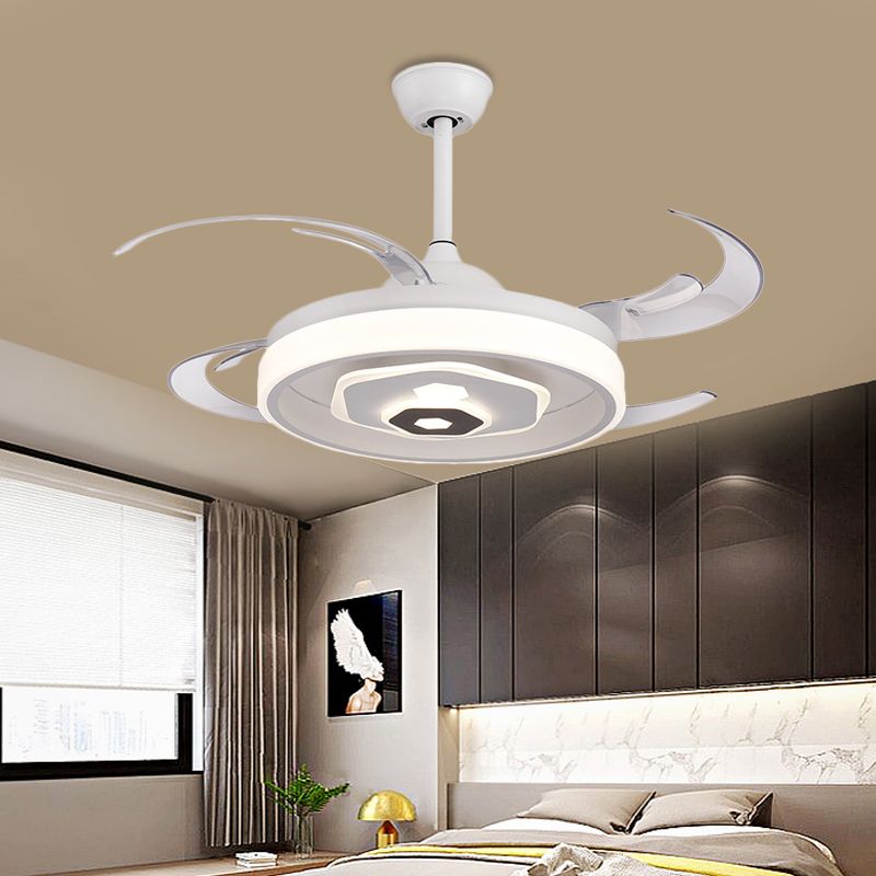 LED -plafondventilator Verlichting Eenvoudige slaapkamer Semi -spoeling Lichte armatuur met ronde acrylschaduw in wit met 4 heldere messen, 42 "W