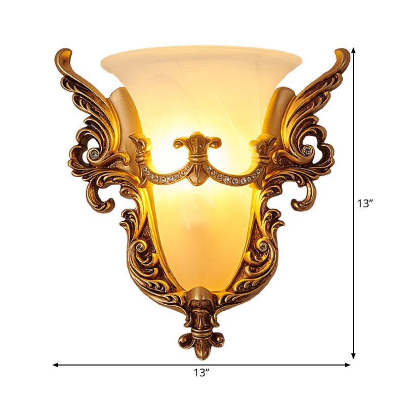 Opal Glass Gold Wall Sconce Elongated Bell 1-Bulb Cottage Wall Mounted Lighting for Living Room