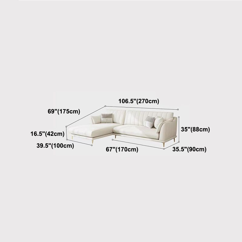 Sloped Arm Sofa with Chaise in White Sewn Pillow Back Faux Leather Sofa - 68.9" D