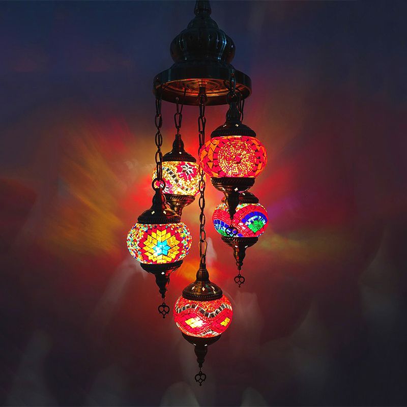 Oval Living Room Chandelier Lighting Traditional Stained Glass 5 Heads White/Orange/Blue Hanging Ceiling Light