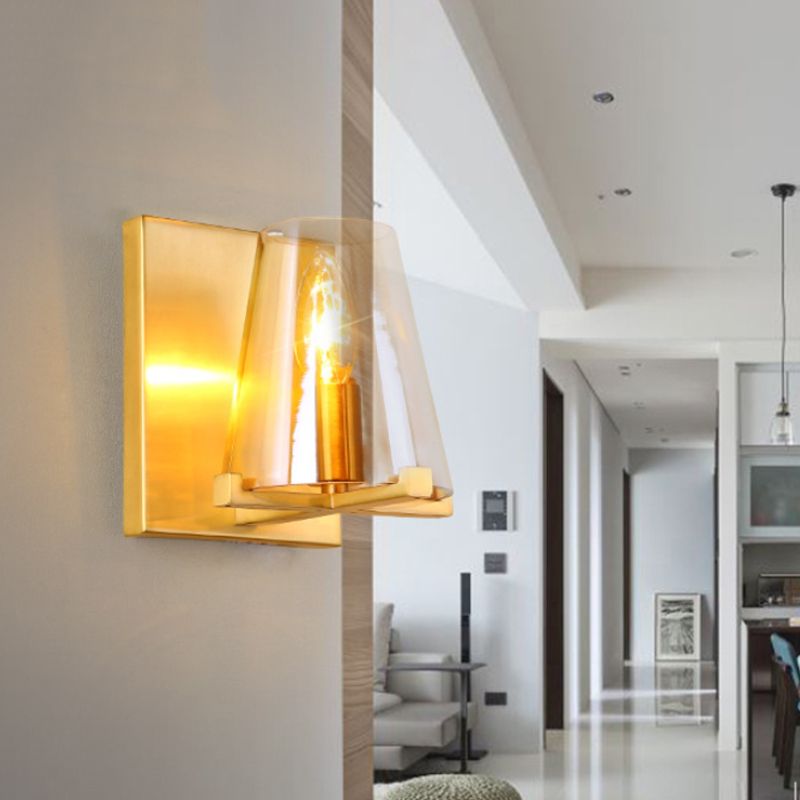 1 Head Wall Mount Light Colonialism Cone Shape Clear Glass Wall Sconce in Brass for Kitchen