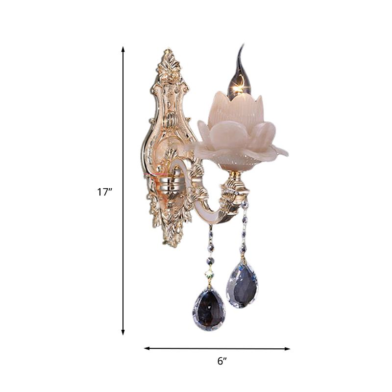 Lotus Wall Light Fixture Modernism Milky Glass 1/2 Heads Brass Sconce Light with Teardrop Crystal Accent
