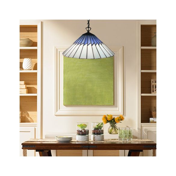 Stained Glass Blue Pendant Lamp Tapered 1 Bulb Mediterranean Hanging Light Kit for Dining Room