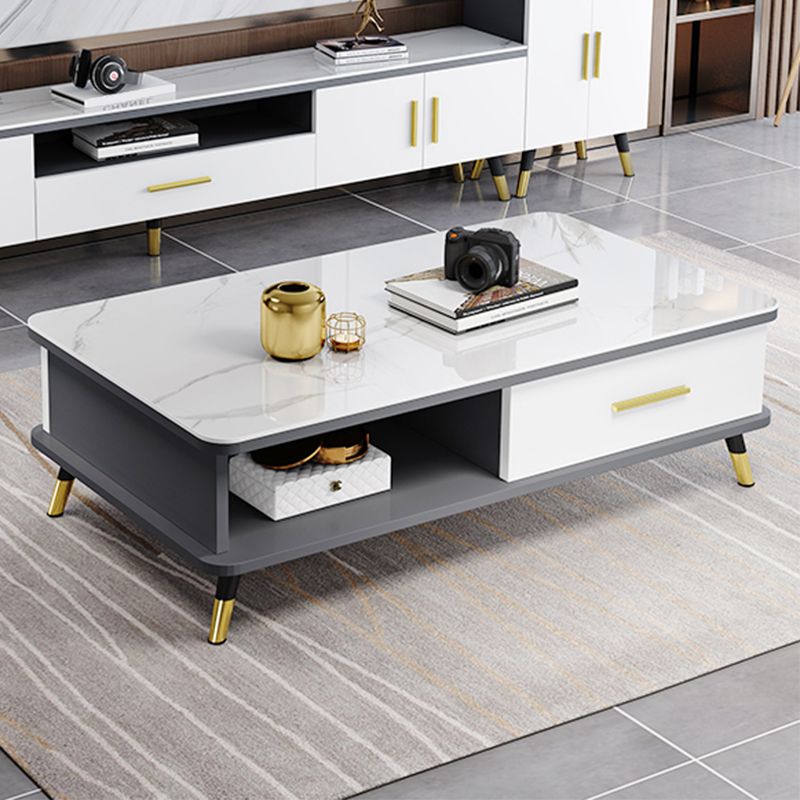 Modernism Rectangular Glass Top Coffee Table 1-Shelf 2-Drawer Cocktail Table
