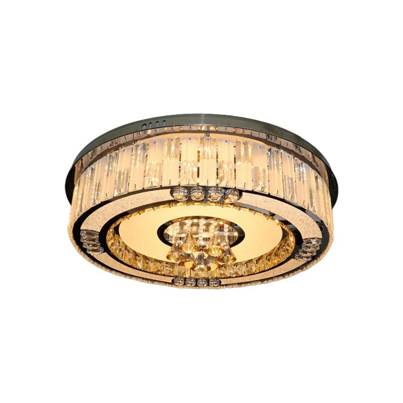 LED Drum Flushmount Light Contemporary Stainless-Steel Clear Crystal Blocks Ceiling Lamp