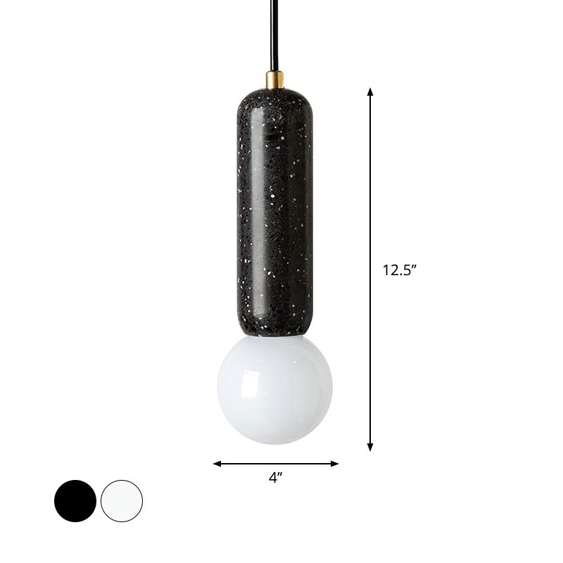 Capsule Pendant Minimalism Marble 1 Light Bedside Mini Hanging Lamp with Orb Opal Glass Shade in White/Black