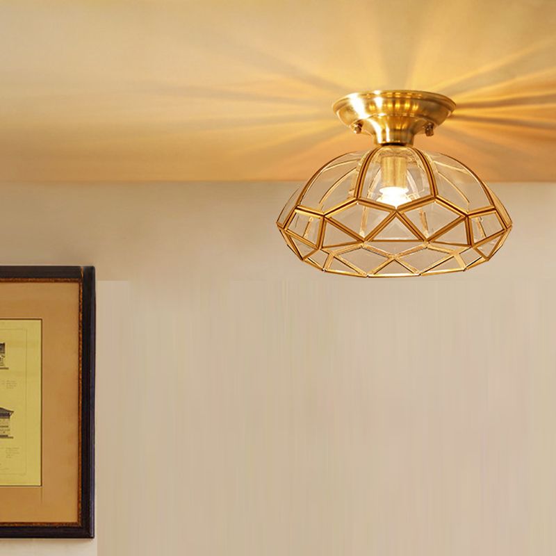 Colonical Artistic Dome Ceiling Light Copper Indoor Ceiling Fixture with Pure Glass Shade