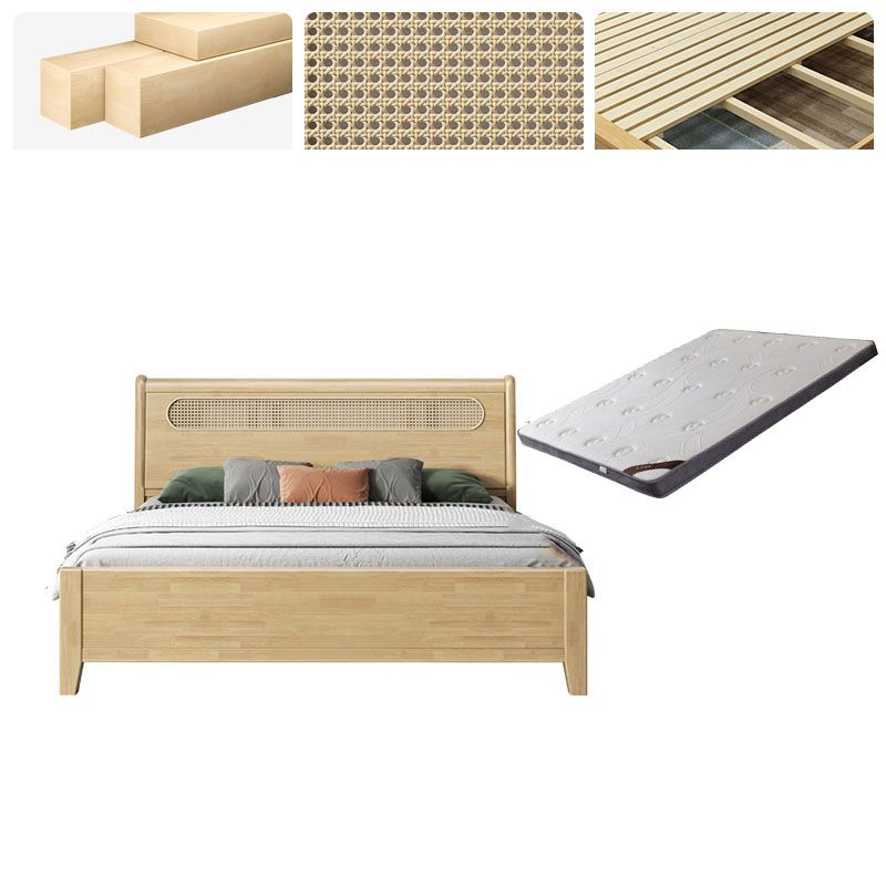 Rectangular Natural Standard Bed Solid Wood and Rattan Panel Bed Rubberwood