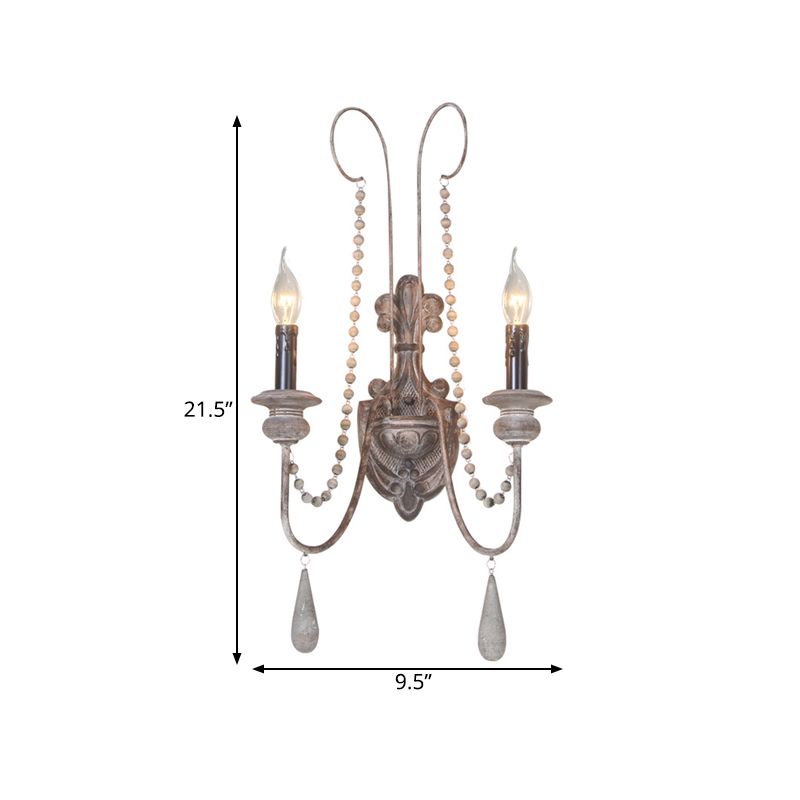 2 Lights Wood Sconce Light Fixture Vintage Grey Candelabra Bedroom Wall Mounted Light