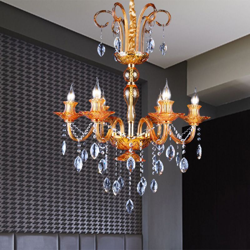 Gold Candle Chandelier Lighting Traditional Prism Glass 6 Heads Dining Room Hanging Lamp with Crystal Drip