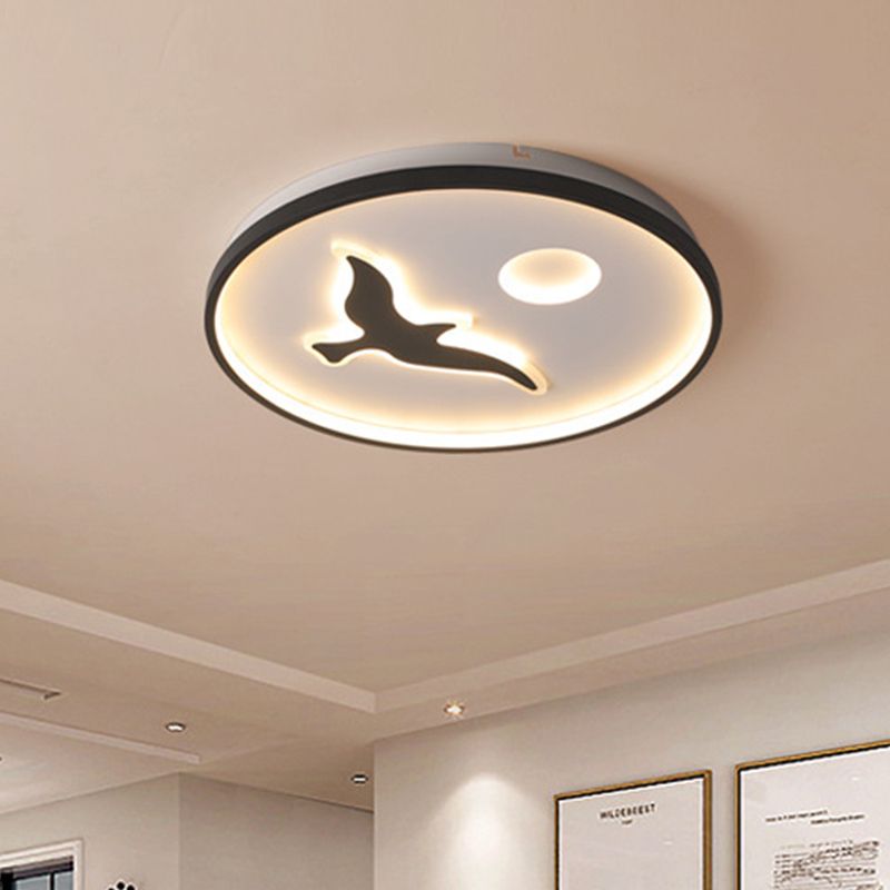 Rounded Metal Flush Light Nordic 16.5"/20.5"/24.5" Wide LED Black Flush Mount with Bird and Sun Pattern in Warm/White Light