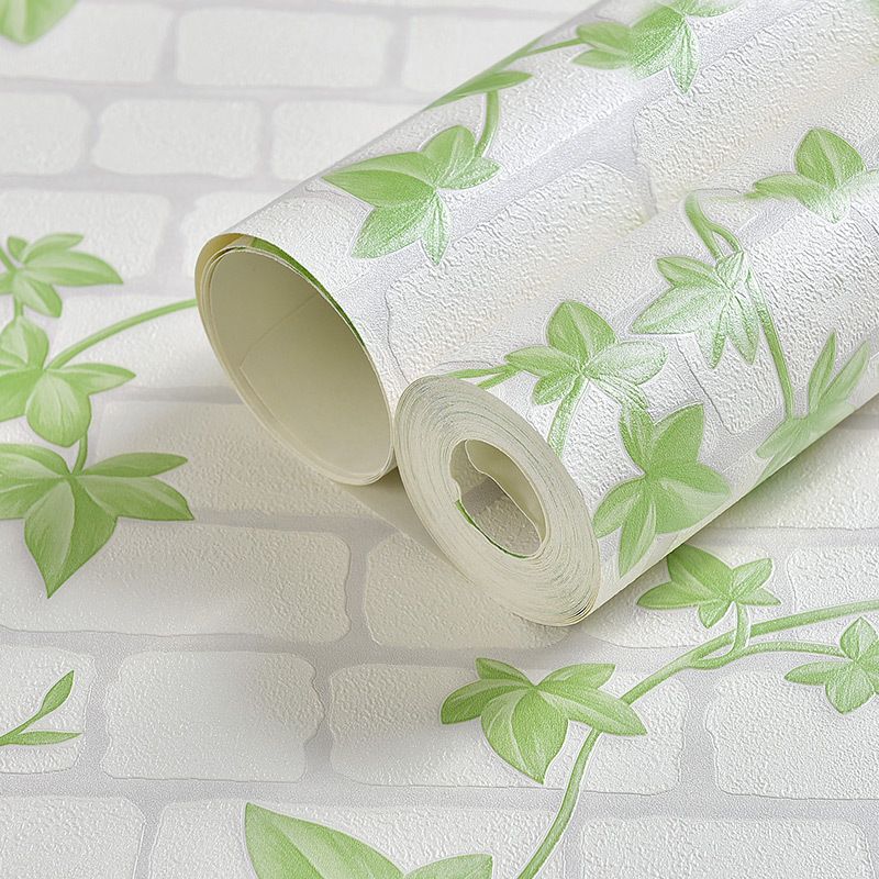 Creeper and Brickwork Wallpaper Roll Green and White Country Wall Decor for Bedroom