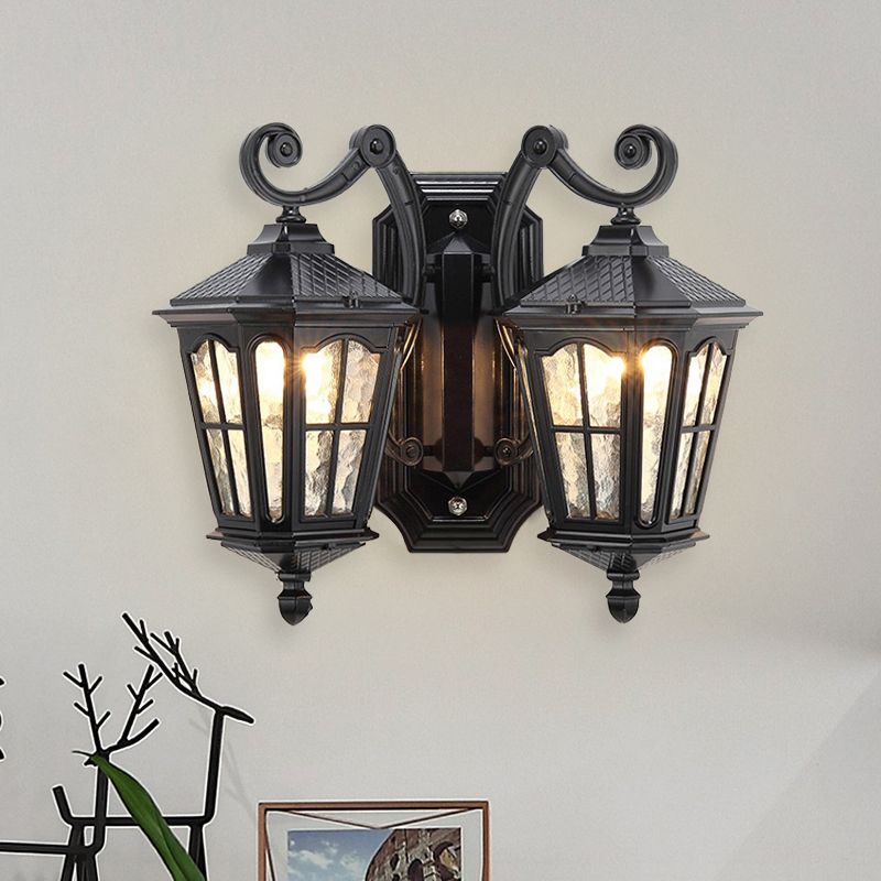 Luz de pared de pared al aire libre geométrica Cañón de agua 2 luces Lámpara de matorral de acabado negro con brazo de doble remolino