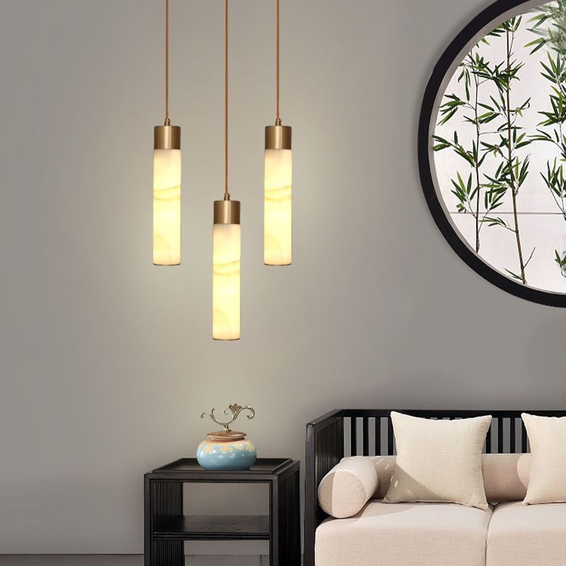 Nordic Strip Shade Pendant Light, Minimalist Marble with Brass Top Hanging Light