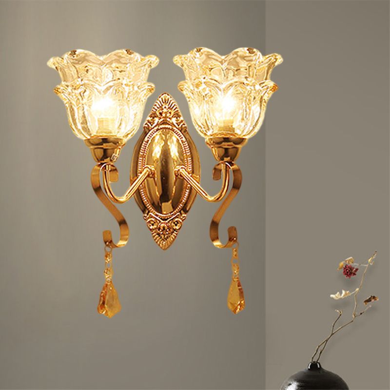 Gold 2 Lights Sconce Lamp Fixture Traditional Clear Crystal Glass Flower Shade Wall Lighting