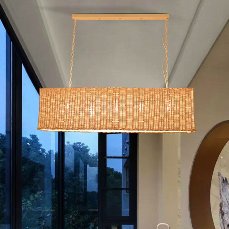 Rectangular Restaurant Hanging Lamp Rattan 4 Heads Minimalist Island Chandelier Light in Wood
