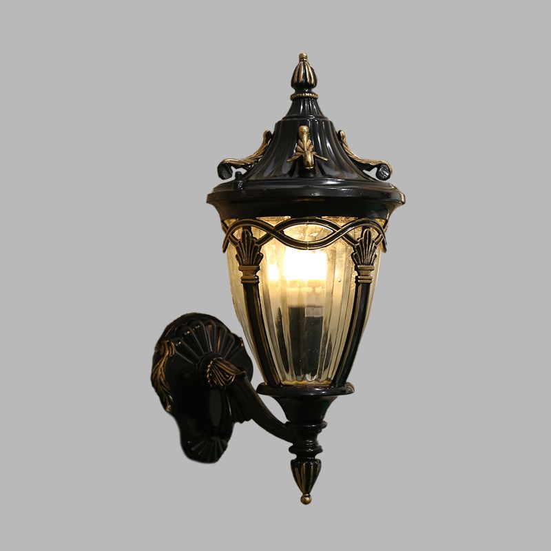 1 Bulb Urn Wall Sconce Light Loft Brass/Black Metal Wall Lamp Fixture with Clear Ribbed Glass Shade