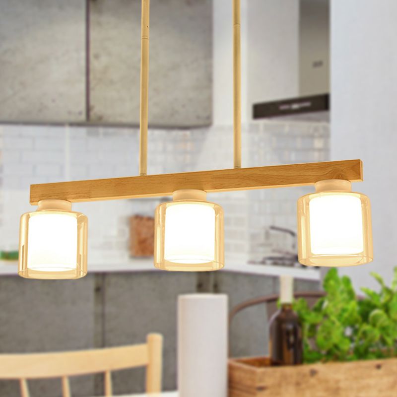 Nordic Linear Island Light Wood 3/4 Heads Dining Room Hanging Lamp with Cylinder White Glass Shade Inside