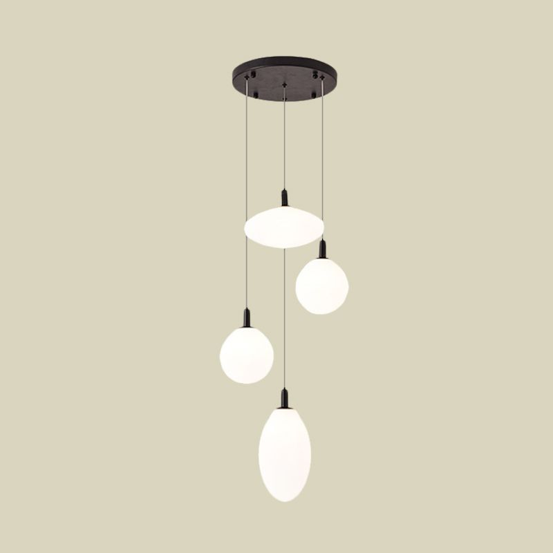 Gold/Black Ball and Oval Cluster Pendant Minimalism 4 Lights Cream Glass Hanging Lamp with Round Canopy