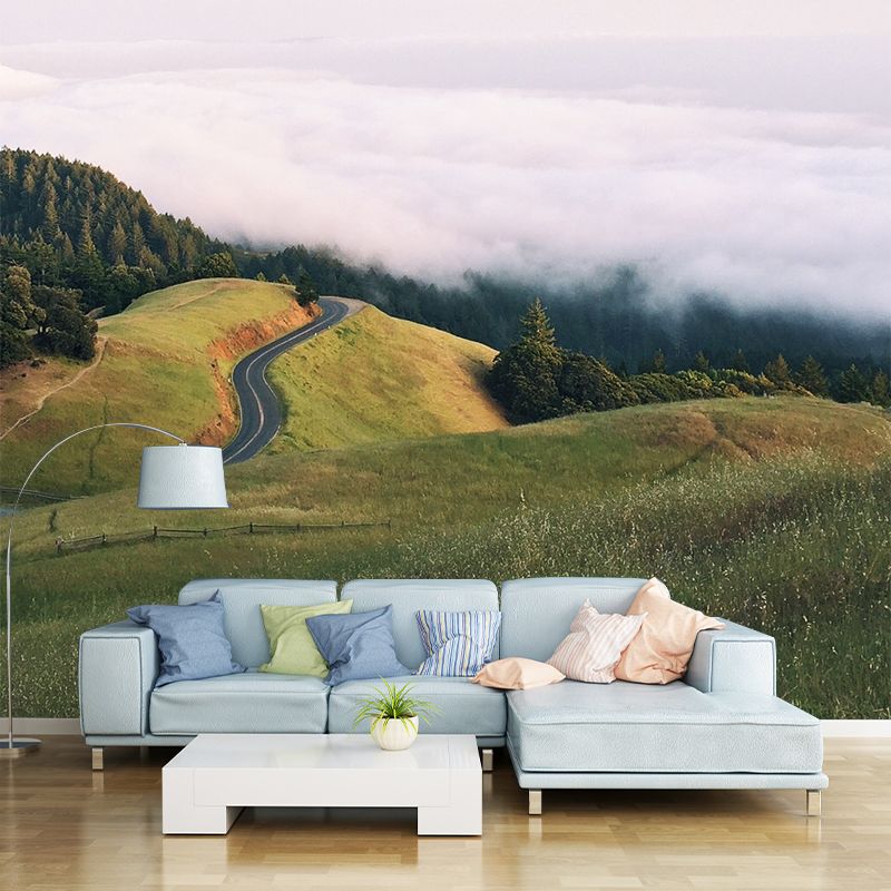 Green-White Modern Mural Decal Large Highway View from Meadow Wall Decor for Bedroom