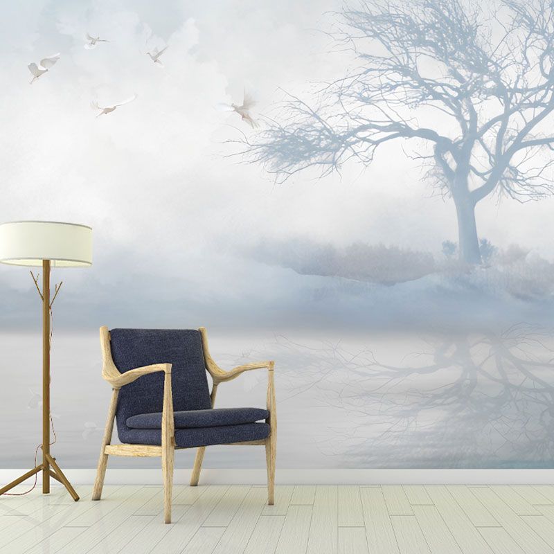 Full Contemporary Wall Mural Decal in Pastel Color Misty Tree Wall Covering, Custom Size Available