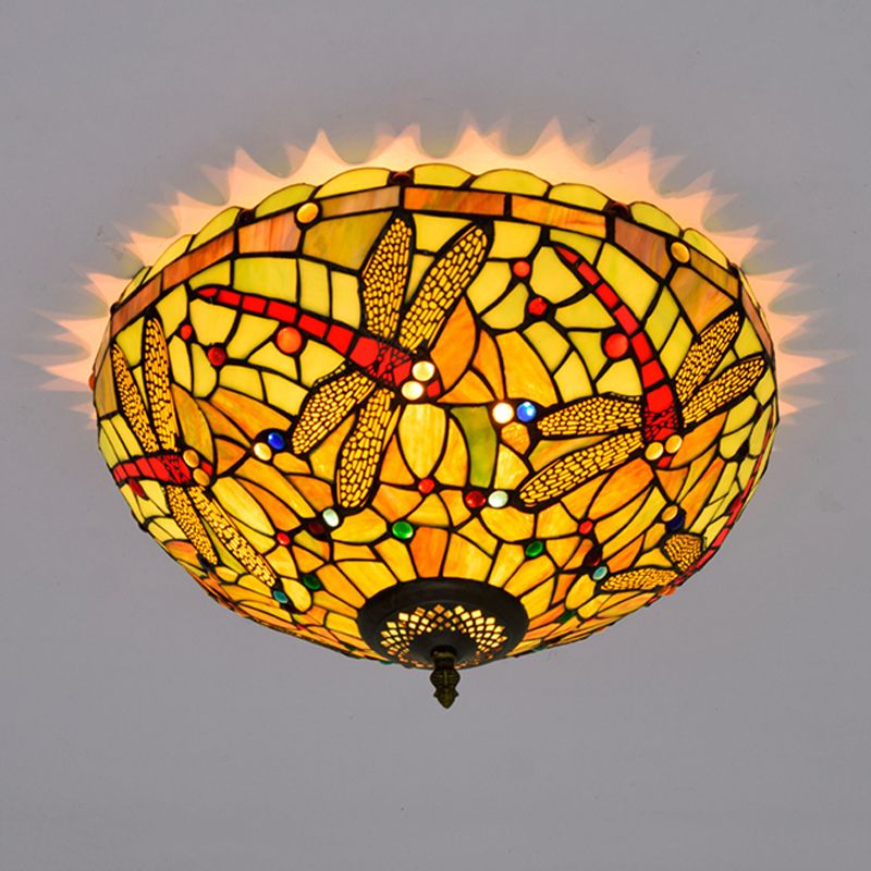 Plafonnier en verre taillé libellule, style Tiffany, 3 têtes, luminaire encastré en Bronze